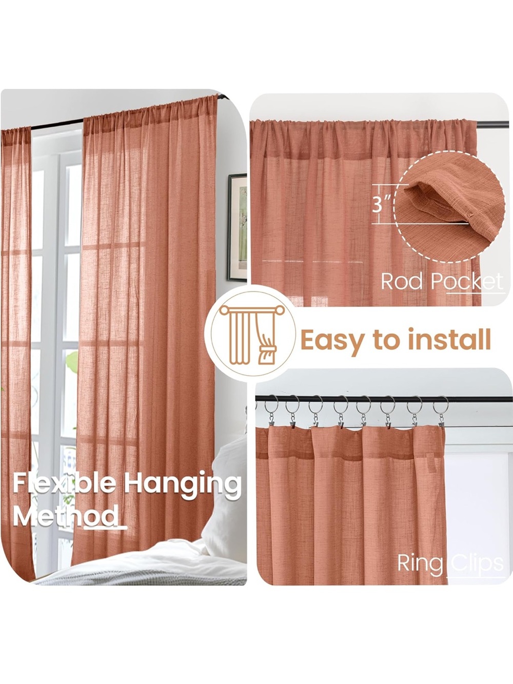 Lightweight Sheer Rod-Pocket Curtains in Terracotta - Versatile Window Panels
